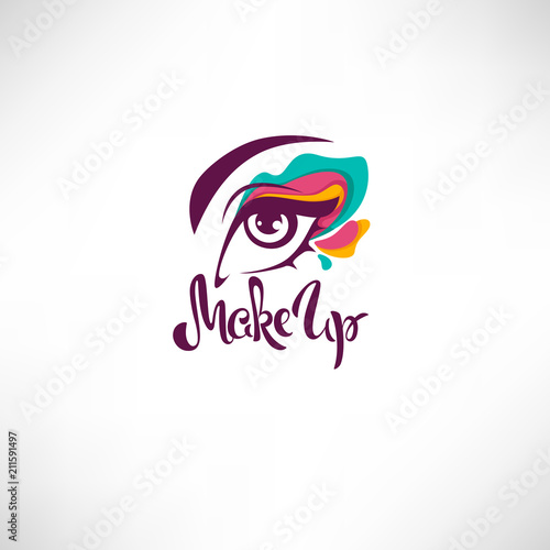  woman eye with bright makeup and lettering composition for your logo, label, emblem