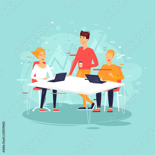 Teamwork, office life, business meetings. Flat design vector illustration.