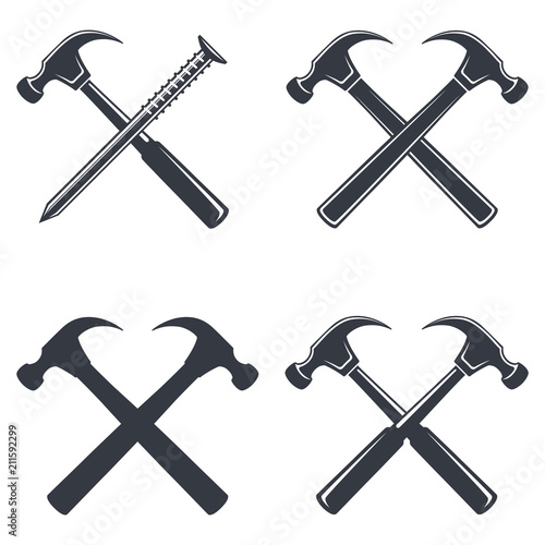 Valokuvatapetti Set monochrome vintage hammer Icon, joiner's tools, simple shape, for graphic design of logo, emblem, symbol, sign, badge, label, stamp, isolated on white background