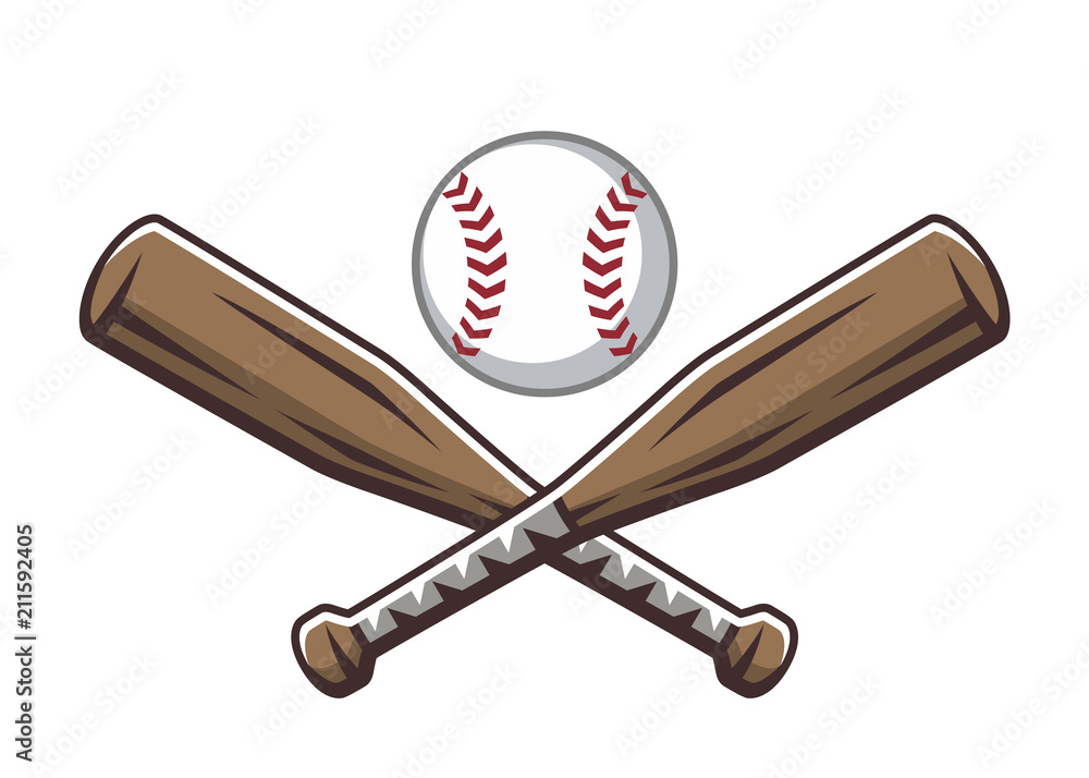 Two crossed wooden baseball bats and ball. Sport logo, emblem, symbol