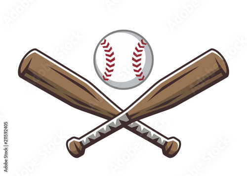 Two crossed wooden baseball bats and ball. Sport logo, emblem, symbol, sign, badge, label, vector illustration in cartoon style, isolated on white background.