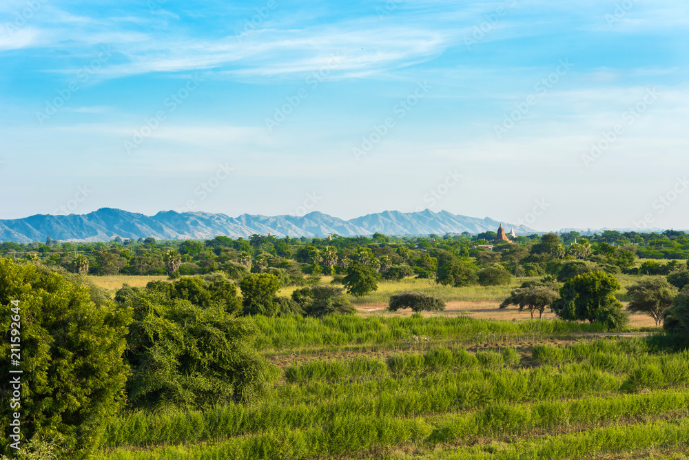 View of the mountain landscape in Bagan, Myanmar. Copy space for text.