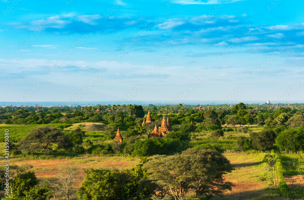 View of the landscape and pagodas in Bagan, Myanmar. Copy space for text.
