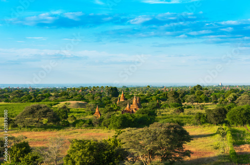 View of the landscape and pagodas in Bagan, Myanmar. Copy space for text.