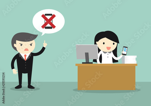 Business concept, Not using smartphone while working. Vector illustration.