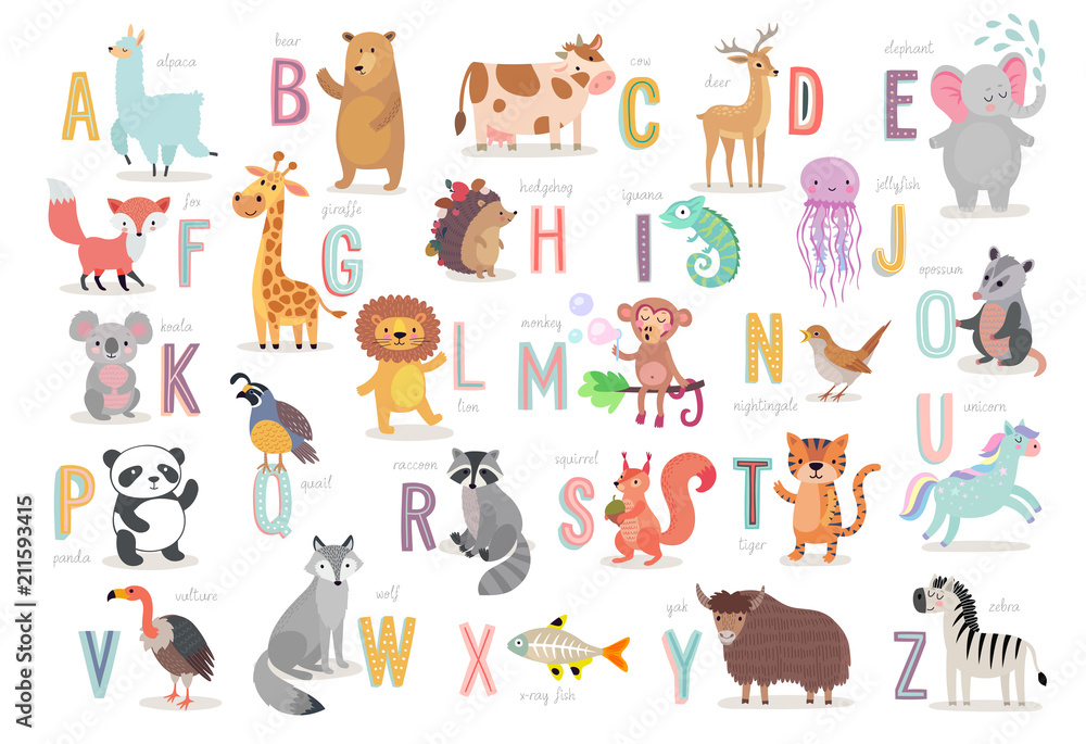 Naklejka Alfabet Cute Animals dla edukacji dzieci. Zabawne ręcznie rysowane postacie w stylu.