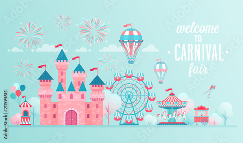 Amusement park landscape banners with castle, carousels and air balloon.