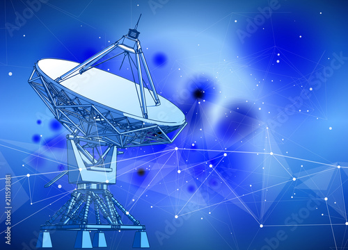 Satellite Dishes Antenna - doppler radar, digital wave and blue technology background - abstract illustration of science, astronomy, information technology, network solutions and digital technologies