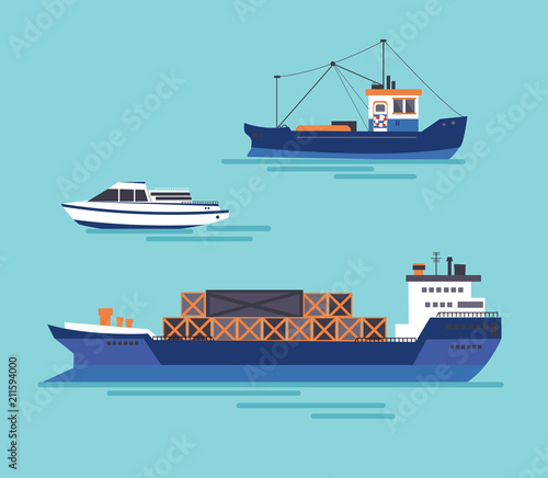A yacht, a cargo ship, a fishing vessel in one collection. Vector illustration.