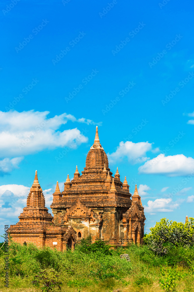 Fototapeta premium View of ancient pagodas in Bagan, Myanmar. Copy space for text. Vertical.