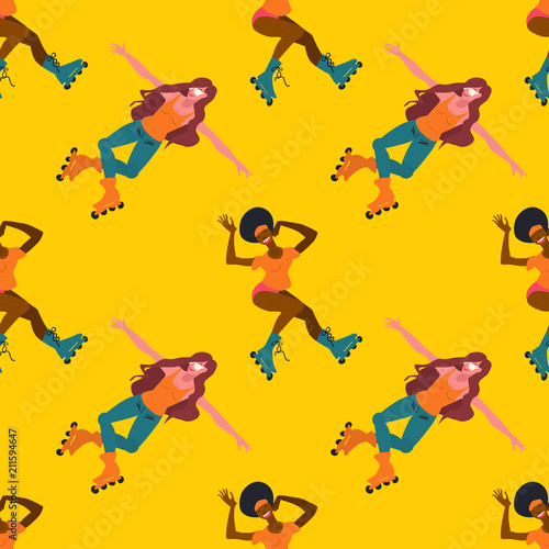 Seamless pattern with girls on roller skates isolated on yellow background. Vector flat illustration. Wrap for sport goods, wallpaper in shop of rollers, or youth cafe focused on extreme athletes.