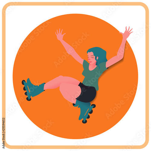 The girl with blue hair on roller skates on red circle background. The young beautiful sportswoman in the movement. A banner or a poster in flat style with gradient. Vector illustration.