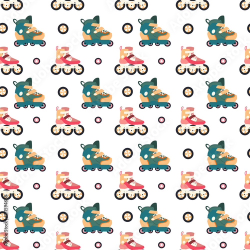 Seamless pattern with the roller skates and wheels isolated on a white background. Vector flat illustration. Wrap for sport goods, wallpaper in shop of rollers, or youth cafe.