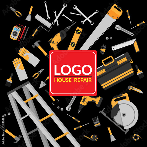 hand tools for home repair and construction with copy space for house repairs shop logo template isolated on black background, flat design. building and house renovation and remodel concept
