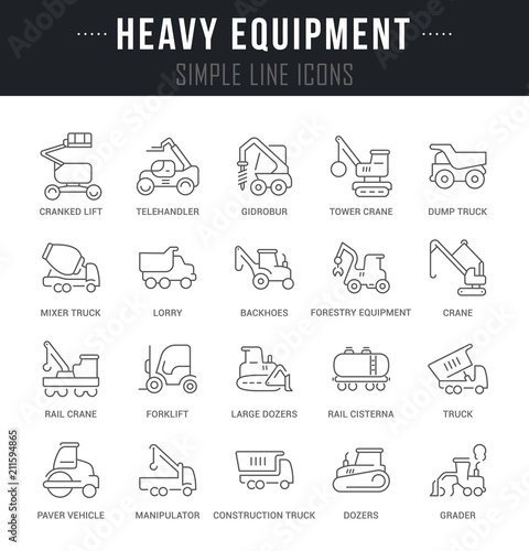 Set Vector Line Icons of Heavy Equipment.