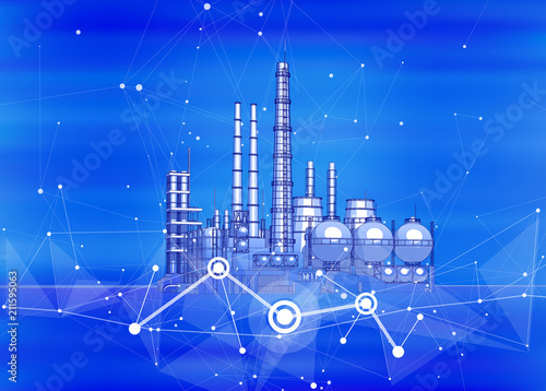 modern chemical manufacturing plant on a blue technological background with a stylized digital wave - the concept of modern technology, the new industrial revolution & information technology / vector