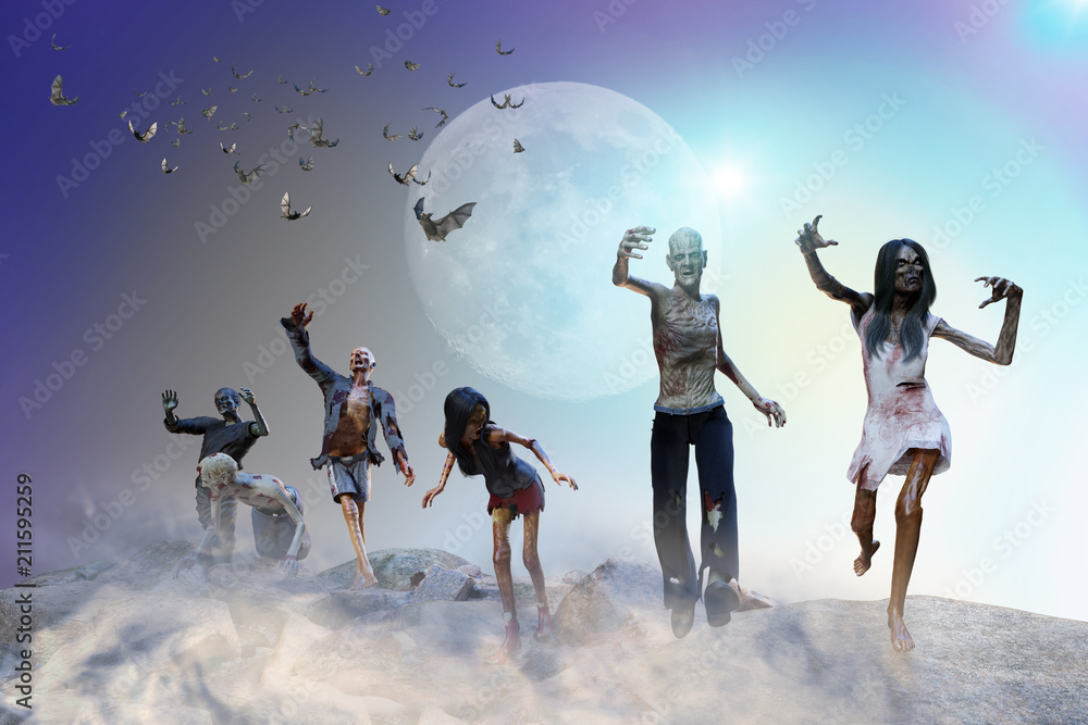 3D Illustration of a crowd of zombies Halloween background