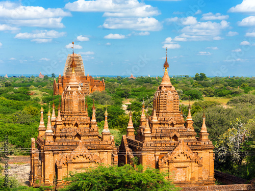 View of ancient pagodas in Bagan, Myanmar. Copy space for text.