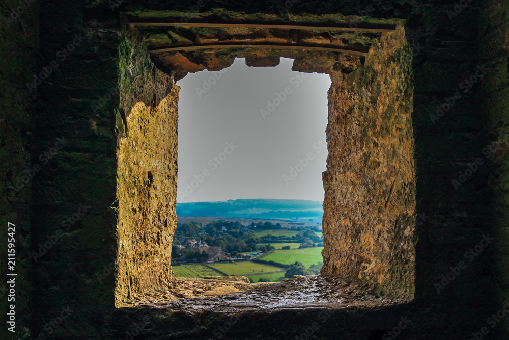 View to countryside through castle wall window