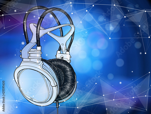 Bright colored headphones on a blue background with a stylized digital sound wave. Bright atmosphere of music, disco, concert & fun pastime. Vector illustration for an advertising poster or flyer