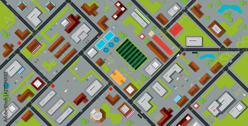 Top view city map with stadium and public