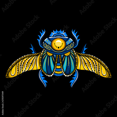 Egyptian scarab symbol of pharaoh, gods Ra, sun. Mythology t-shirt design, tattoos of ancient Egypt