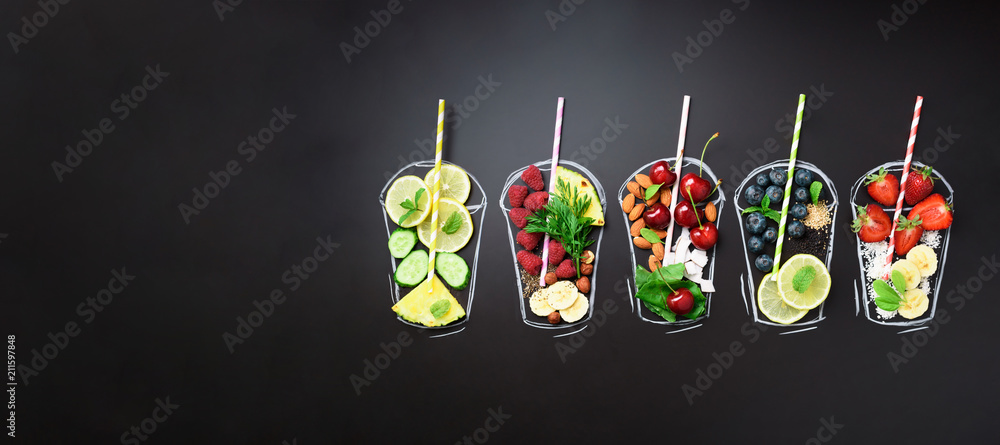 Φωτογραφία Food ingredients for blending smoothie or juice on painted glass over black chalkboard
