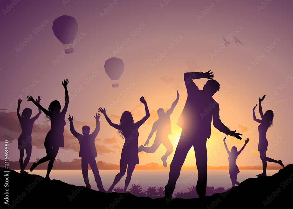Illustration with happy dancing people silhouettes on beach Illustration with happy dancing people silhouettes on beach