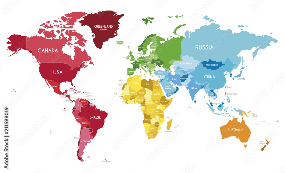 Obraz premium Political World Map vector illustration with different colors for each continent and different tones for each country. Editable and clearly labeled layers.