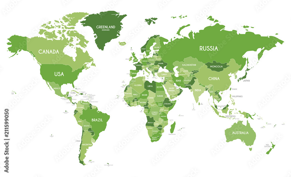 Fototapeta premium Political World Map vector illustration with different tones of green for each country. Editable and clearly labeled layers.