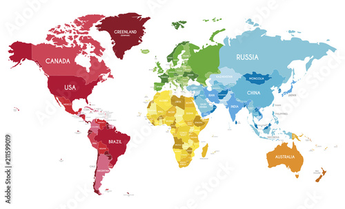 Political World Map vector illustration with different colors for each continent and different tones for each country. Editable and clearly labeled layers.
