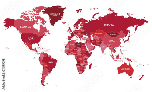 Political World Map vector illustration with different tones of red for each country. Editable and clearly labeled layers.