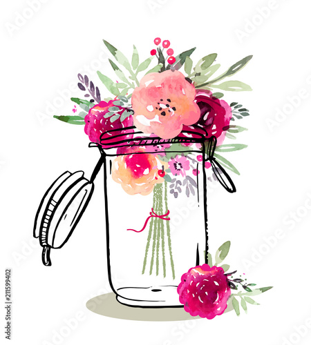 Graphic glass jar with marsala flowers in watercolor style