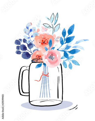 Graphic jar with watercolor bouquet