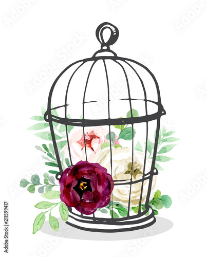Birdcage  with  flowers   vector watercolor illustration