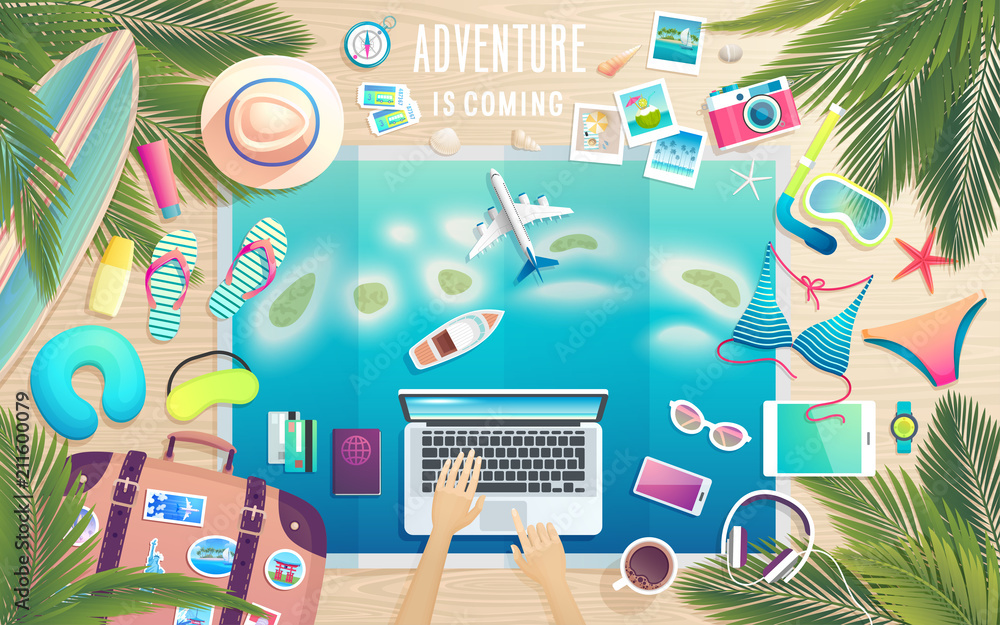 Adventure is comming. Preparing for the trip to tropical paradise. - obrazy, fototapety, plakaty 