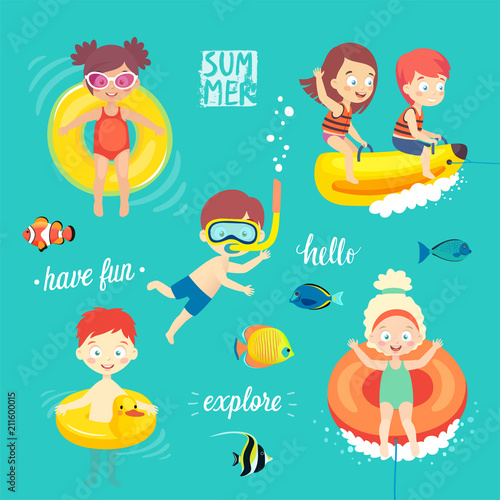 Summer Kids set, swimming, diving, playing and having fun in the water.