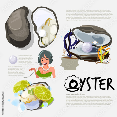 Oyster. information graphic of oyster and pearl, logo for header design - vector