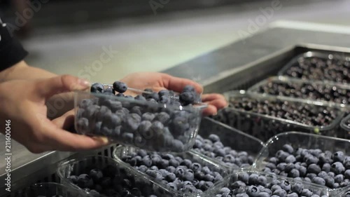 Female hands touch the blueberry berry in a supermarket