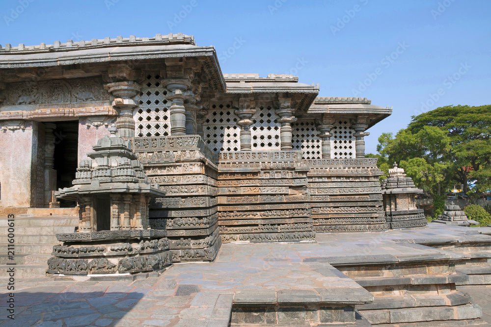 Small towers and walls at the eastern entrance of Hoysaleshvara Temple, Halebid, Karnataka, View from East.