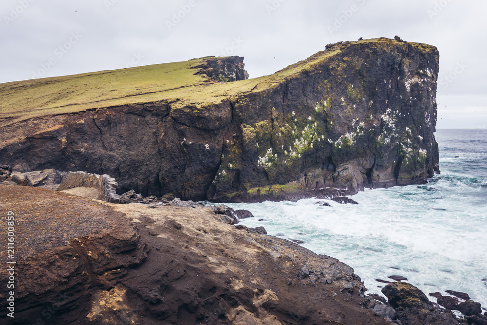 Valahnukur cliff located on the Atlantic Ocean shore on Reykjanes Peninsula in Iceland