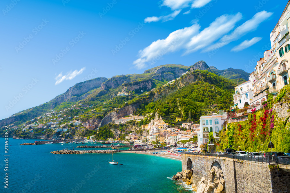 Obraz premium Morning view of Amalfi cityscape on coast line of mediterranean sea, Italy