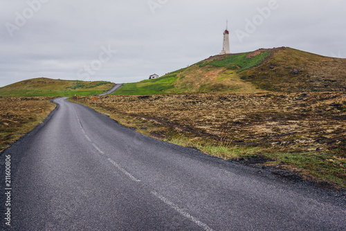 Road and Reykjanes lighthouse on Reykjanes Peninsula in Iceland