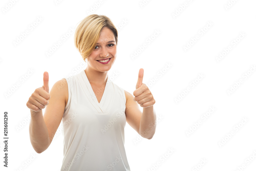 Young pretty business woman showing double thumb up. Young pretty business woman showing double thumb up.
