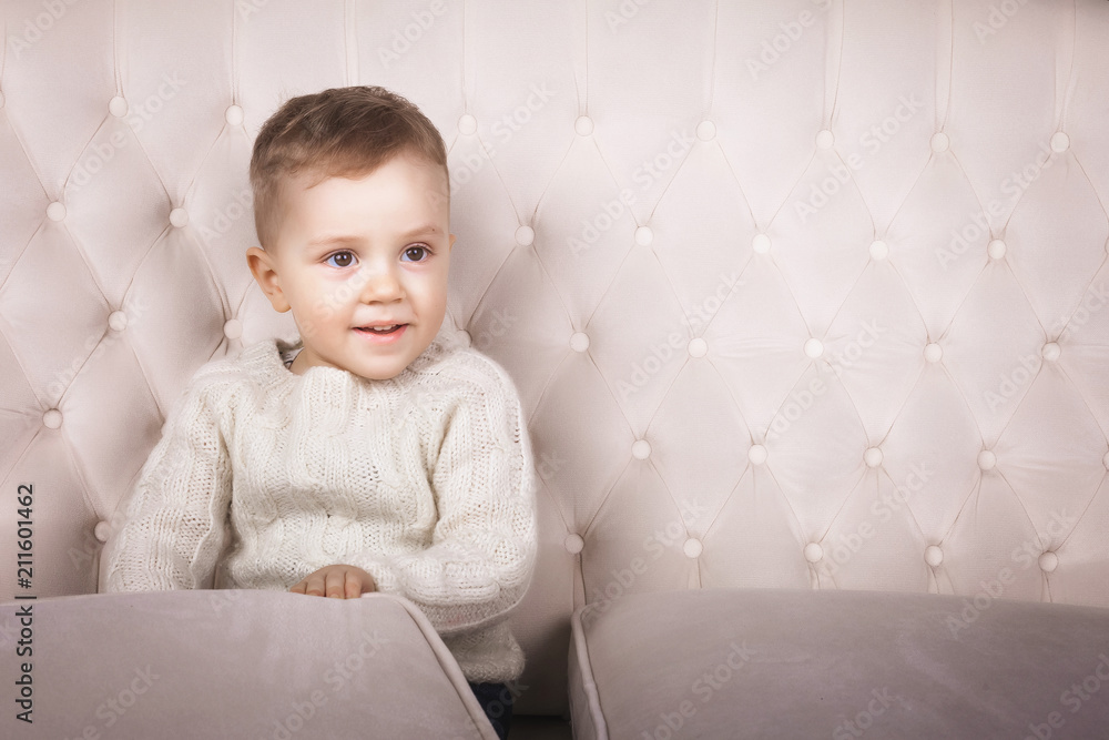 cute happy smiling baby boy wearing knitted sweater sitting on the white leather classic elegant sofa touching the pillow cute happy smiling baby boy wearing knitted sweater sitting on the white leather classic elegant sofa touching the pillow
