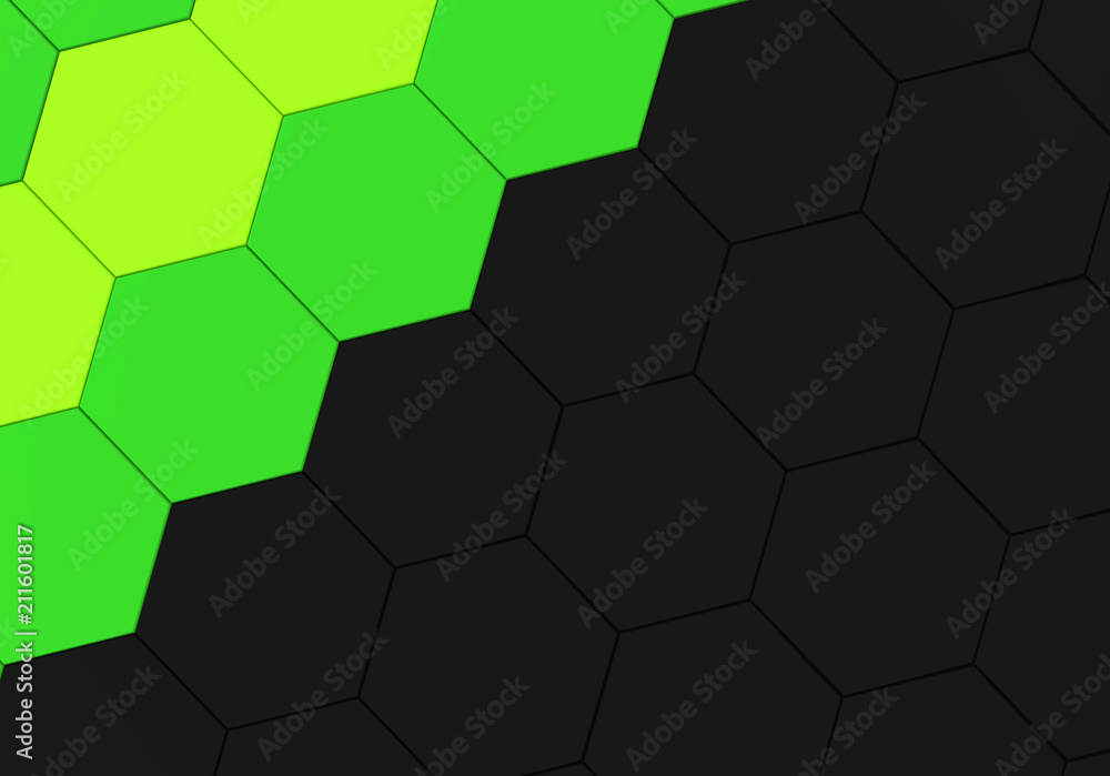 3d rendering. green color and black hexagonal shape pattern wall background. 3d rendering. green color and black hexagonal shape pattern wall background.
