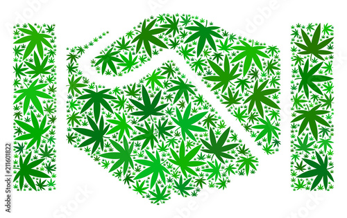 Acquisition handshake mosaic of weed leaves in variable sizes and green variations. Vector flat weed objects are combined into acquisition handshake illustration. Narcotic vector illustration.