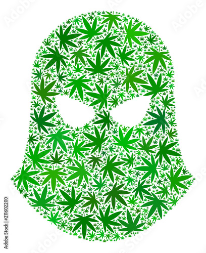 Bandit mask mosaic of cannabis leaves in variable sizes and green tones. Vector flat marijuana leaves are composed into bandit mask composition. Narcotic vector design concept.