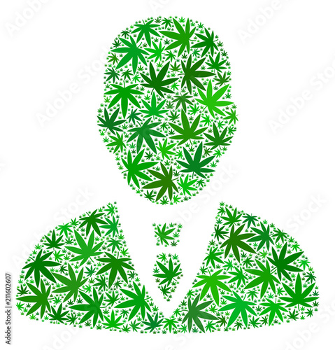 Businessman mosaic of hemp leaves in various sizes and green tints. Vector flat ganja elements are grouped into businessman mosaic. Addiction vector illustration.
