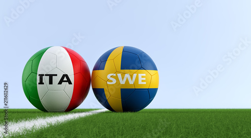 Italy vs. Sweden Soccer Match - Soccer balls in Italy and Sweden national colors on a soccer field. Copy space on the right side - 3D Rendering 